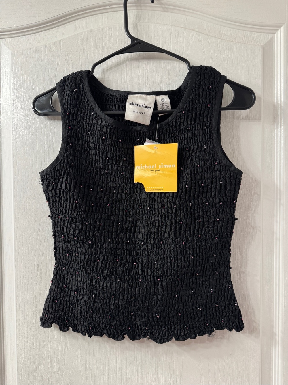 Michael Simon Black Smocked Tank with Subtle Bead Detail
